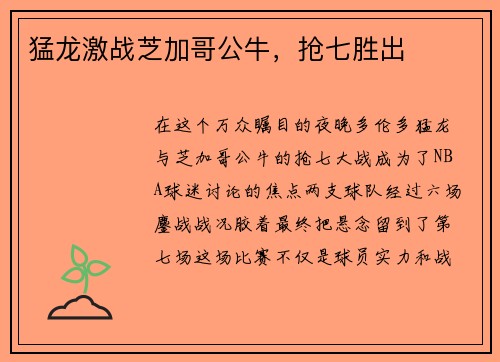 猛龙激战芝加哥公牛，抢七胜出