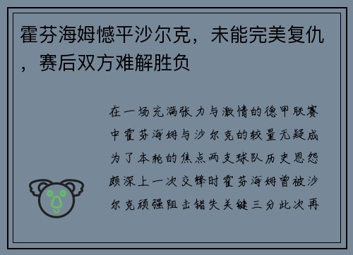 霍芬海姆憾平沙尔克，未能完美复仇，赛后双方难解胜负