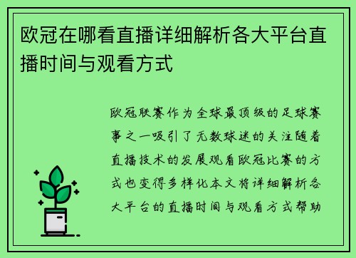 欧冠在哪看直播详细解析各大平台直播时间与观看方式