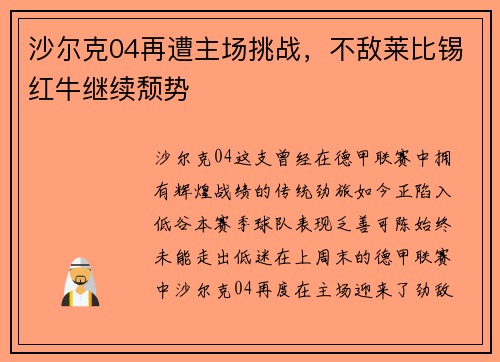 沙尔克04再遭主场挑战，不敌莱比锡红牛继续颓势